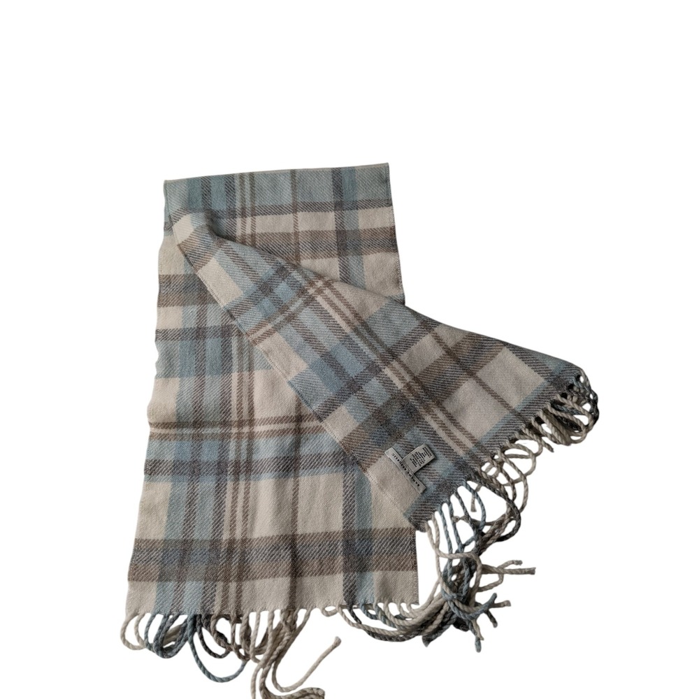 Banana Republic Plaid Scarf Blue Cream Wool Cashmere Rabbit Hair Blend Fringe